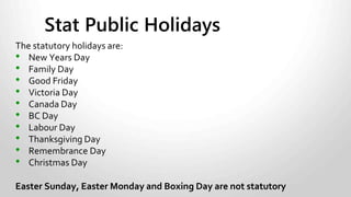 Required Rest Periods
• Employees are required to have 8 hours rest between
shifts.
• Employees are required to have 32 hours of
uninterrupted rest per week.
• If a split shift is worked the employer must limit the
number of hours worked in the first shift to 12 hours.
 