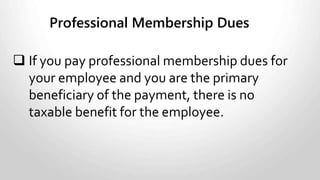 Exception to the rule:
• If you control the points (such as when an employee uses a
company credit card, you have to report on their T4 slip the
market value of any personal rewards he or she received
redeeming the points.
• You have to include any GST/HST that applies in the value of
this benefit.
Airline Points, cont.
 