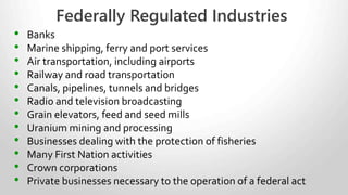 • Canadian employers are either federally or
provincially regulated, but not both.
• The primary industry within which a business
operates determines its jurisdiction.
• Industries that are inter-provincial and/or
international in scope are federally regulated.
• All other businesses are provincially regulated.
Splits in Federal and Provincial Jurisdictions
 