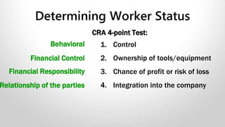 CRA 4-point Test:
1. Control
2. Ownership of tools/equipment
3. Chance of profit or risk of loss
4. Integration into the company
Determining Worker Status
Behavioral
Financial Control
Financial Responsibility
Relationship of the parties
 