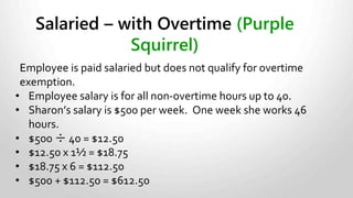 • Minimum 3 hours at the greater of either the employees wage or
minimum wage.
• 48 hours per week maximum, but over 44 is overtime.
• Cannot exceed 60 hours per week.
• May average if agreed upon by employer and employee
 Must state exactly what schedule will be
 Cannot provide for more than 44 hours per week
 If schedule is violated – reverts to 8 hour a day rule
• Meal period: 30 minutes for 5 consecutive hours of work
• Rest periods: 24 hours per work week or 48 every two weeks.
• For information exemptions from overtime rules click here.
Hours of Work Rules:
 