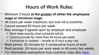  With Averaging Agreement – hours of work to be averaged over a
period of one, two, three or more weeks.
RULES:
• Be in writing.
• Specify number of weeks over which hours will be averaged.
• Specify work schedule for each day.
• Specify number of times agreement may be repeated.
• Specify start and end date of agreement.
• Be signed by employer and employee before start date.
• Apply for a permit from Employment Standards here.
Hours scheduled must not average more than 44 per week over the
period of the agreement
Averaging Agreements
 
