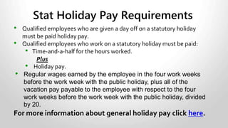 • Two weeks entitlement every year.
• Employees must take within 10 months of
accrual.
• Employee can forfeit the vacation time
benefit, but not vacation pay.
Vacation Time Rules:
 