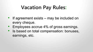 Family Medical Leave (CCL)
Policy and Procedures:
• Up to 8 weeks to provide care or support to family member for
serious medical condition with significant risk of death within 26
weeks.
• Medical certificate required within 15 days after employee’s return
to work.
• Employees under federal jurisdiction entitled to take CCL
regardless of length of service.
• Cannot suspend, discipline, terminate, lay-off, or demote an
employee for taking CCL.
• Must be reinstated to former position, salary and benefits.
 