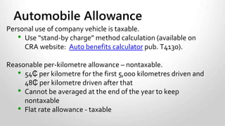 Internet
 Personal use of company internet service at home
is taxable benefit based on FMV calculation.
 Employer must prove calculation numbers.
 