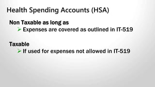 Parking
Employer-provided parking is usually a taxable benefit for an
employee, whether or not the employer owns the lot.
Exceptions to the rule:
• The parking does not have a FMV.
• There are significantly fewer spaces than there are
employees who want parking and the spaces are
available on a first-come, first-served basis.
• There is no taxable benefit if you provide parking to your
employee for business purposes and your employee
regularly has to use his or her own automobile to do his or
her duties.
 