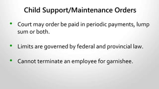 Special Payroll Concerns
Final Pay
• Calculate the employee’s earnings and deductions
year to date.
• Give employee T4 slip.
• File government copy by the last day of February of
the following year.
• Complete the Record of Employment (ROE).
• Withholding rates for lump sum payments (incl.
retirement allowances).
 