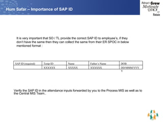 Hum Safar – Importance of SAP ID It is very important that SO / TL provide the correct SAP ID to employee’s, if they don’t have the same then they can collect the same from their ER SPOC in below mentioned format : Verify the SAP ID in the attendance inputs forwarded by you to the Process MIS as well as to the Central MIS Team.. DD/MMM/YYYY XXXXXX XXXXX XXXXXX DOB Father`s Name Name Temp ID SAP ID (required) 