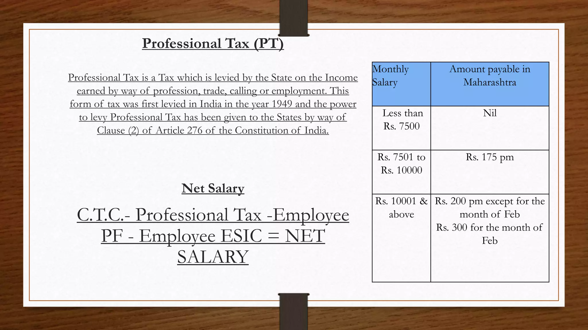 Professional Tax (PT)
Professional Tax is a Tax which is levied by the State on the Income
earned by way of profession, trade, calling or employment. This
form of tax was first levied in India in the year 1949 and the power
to levy Professional Tax has been given to the States by way of
Clause (2) of Article 276 of the Constitution of India.
Net Salary
C.T.C.- Professional Tax -Employee
PF - Employee ESIC = NET
SALARY
Monthly
Salary
Amount payable in
Maharashtra
Less than
Rs. 7500
Nil
Rs. 7501 to
Rs. 10000
Rs. 175 pm
Rs. 10001 &
above
Rs. 200 pm except for the
month of Feb
Rs. 300 for the month of
Feb
 