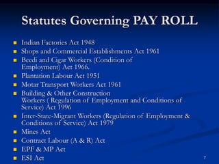 7
Statutes Governing PAY ROLL
 Indian Factories Act 1948
 Shops and Commercial Establishments Act 1961
 Beedi and Cigar Workers (Condition of
Employment) Act 1966.
 Plantation Labour Act 1951
 Motar Transport Workers Act 1961
 Building & Other Construction
Workers ( Regulation of Employment and Conditions of
Service) Act 1996
 Inter-State-Migrant Workers (Regulation of Employment &
Conditions of Service) Act 1979
 Mines Act
 Contract Labour (A & R) Act
 EPF & MP Act
 ESI Act
 