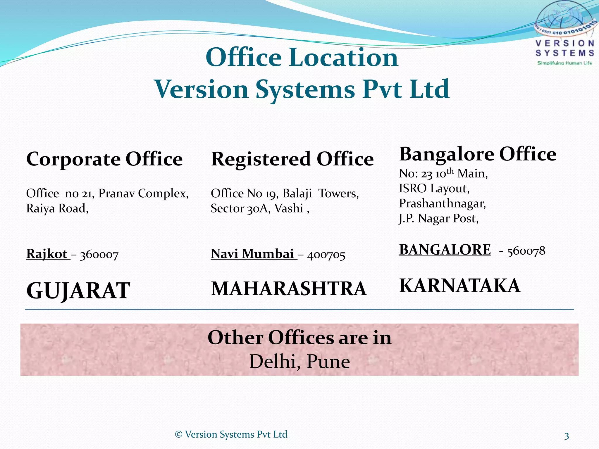 Office Location
Version Systems Pvt Ltd
Corporate Office
Office no 21, Pranav Complex,
Raiya Road,
Rajkot – 360007
GUJARAT
Registered Office
Office No 19, Balaji Towers,
Sector 30A, Vashi ,
Navi Mumbai – 400705
MAHARASHTRA
Bangalore Office
No: 23 10th Main,
ISRO Layout,
Prashanthnagar,
J.P. Nagar Post,
BANGALORE - 560078
KARNATAKA
Other Offices are in
Delhi, Pune
© Version Systems Pvt Ltd 3
 