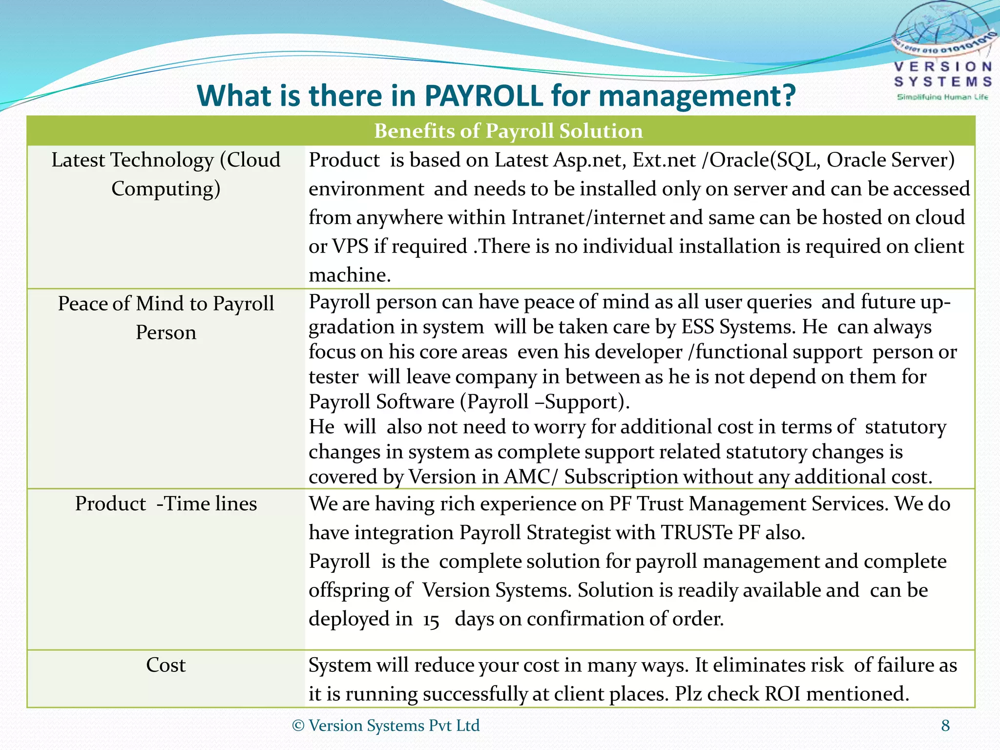 What is there in PAYROLL for management?
Benefits of Payroll Solution
Latest Technology (Cloud
Computing)
Product is based on Latest Asp.net, Ext.net /Oracle(SQL, Oracle Server)
environment and needs to be installed only on server and can be accessed
from anywhere within Intranet/internet and same can be hosted on cloud
or VPS if required .There is no individual installation is required on client
machine.
Peace of Mind to Payroll
Person
Payroll person can have peace of mind as all user queries and future up-
gradation in system will be taken care by ESS Systems. He can always
focus on his core areas even his developer /functional support person or
tester will leave company in between as he is not depend on them for
Payroll Software (Payroll –Support).
He will also not need to worry for additional cost in terms of statutory
changes in system as complete support related statutory changes is
covered by Version in AMC/ Subscription without any additional cost.
Product -Time lines We are having rich experience on PF Trust Management Services. We do
have integration Payroll Strategist with TRUSTe PF also.
Payroll is the complete solution for payroll management and complete
offspring of Version Systems. Solution is readily available and can be
deployed in 15 days on confirmation of order.
Cost System will reduce your cost in many ways. It eliminates risk of failure as
it is running successfully at client places. Plz check ROI mentioned.
© Version Systems Pvt Ltd 8
 