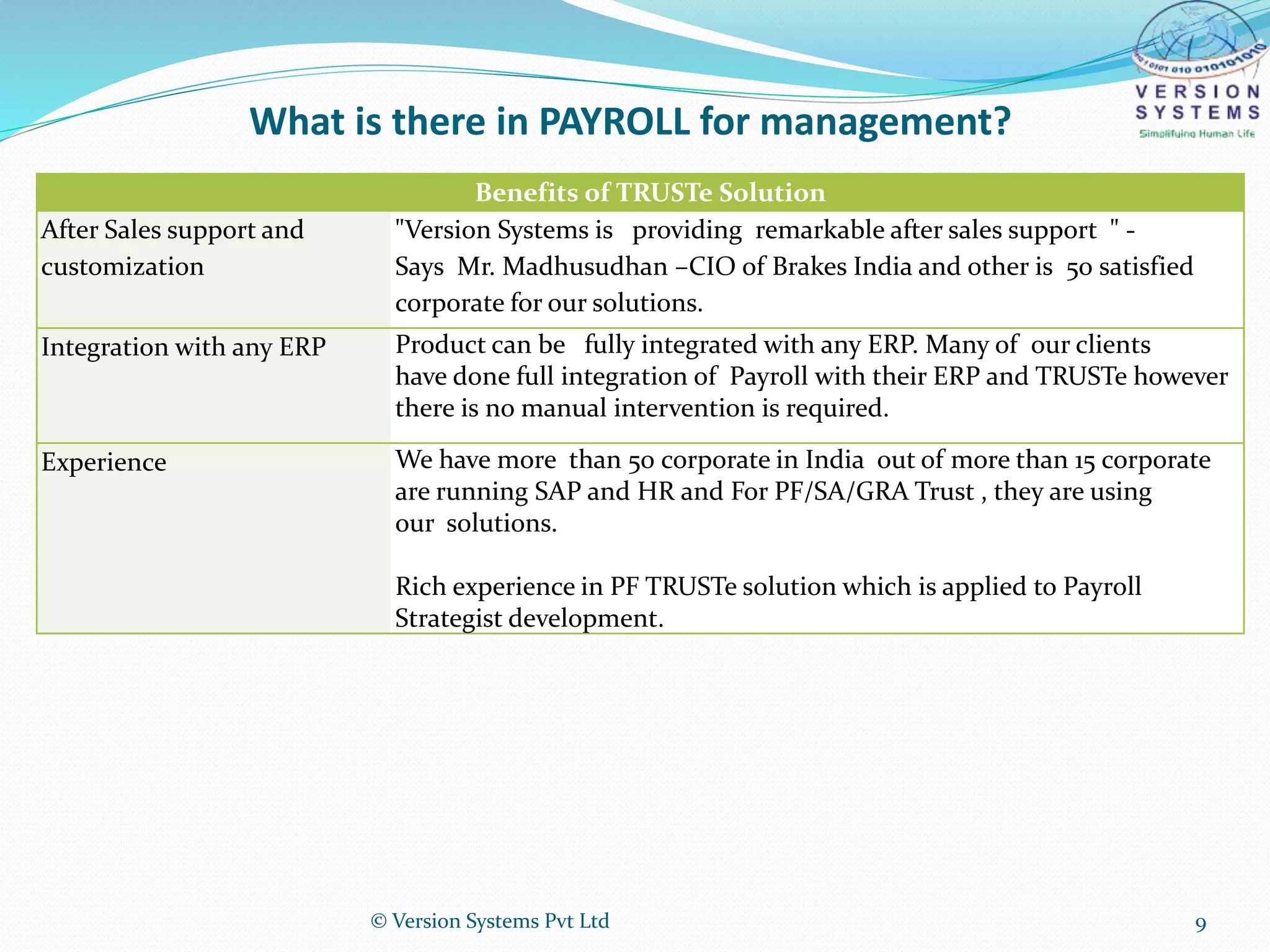 What is there in PAYROLL for management?
Benefits of TRUSTe Solution
After Sales support and
customization
"Version Systems is providing remarkable after sales support " -
Says Mr. Madhusudhan –CIO of Brakes India and other is 50 satisfied
corporate for our solutions.
Integration with any ERP Product can be fully integrated with any ERP. Many of our clients
have done full integration of Payroll with their ERP and TRUSTe however
there is no manual intervention is required.
Experience We have more than 50 corporate in India out of more than 15 corporate
are running SAP and HR and For PF/SA/GRA Trust , they are using
our solutions.
Rich experience in PF TRUSTe solution which is applied to Payroll
Strategist development.
© Version Systems Pvt Ltd 9
 