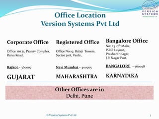 Office Location
Version Systems Pvt Ltd
Corporate Office
Office no 21, Pranav Complex,
Raiya Road,
Rajkot – 360007
GUJARAT
Registered Office
Office No 19, Balaji Towers,
Sector 30A, Vashi ,
Navi Mumbai – 400705
MAHARASHTRA
Bangalore Office
No: 23 10th Main,
ISRO Layout,
Prashanthnagar,
J.P. Nagar Post,
BANGALORE - 560078
KARNATAKA
Other Offices are in
Delhi, Pune
© Version Systems Pvt Ltd 3
 