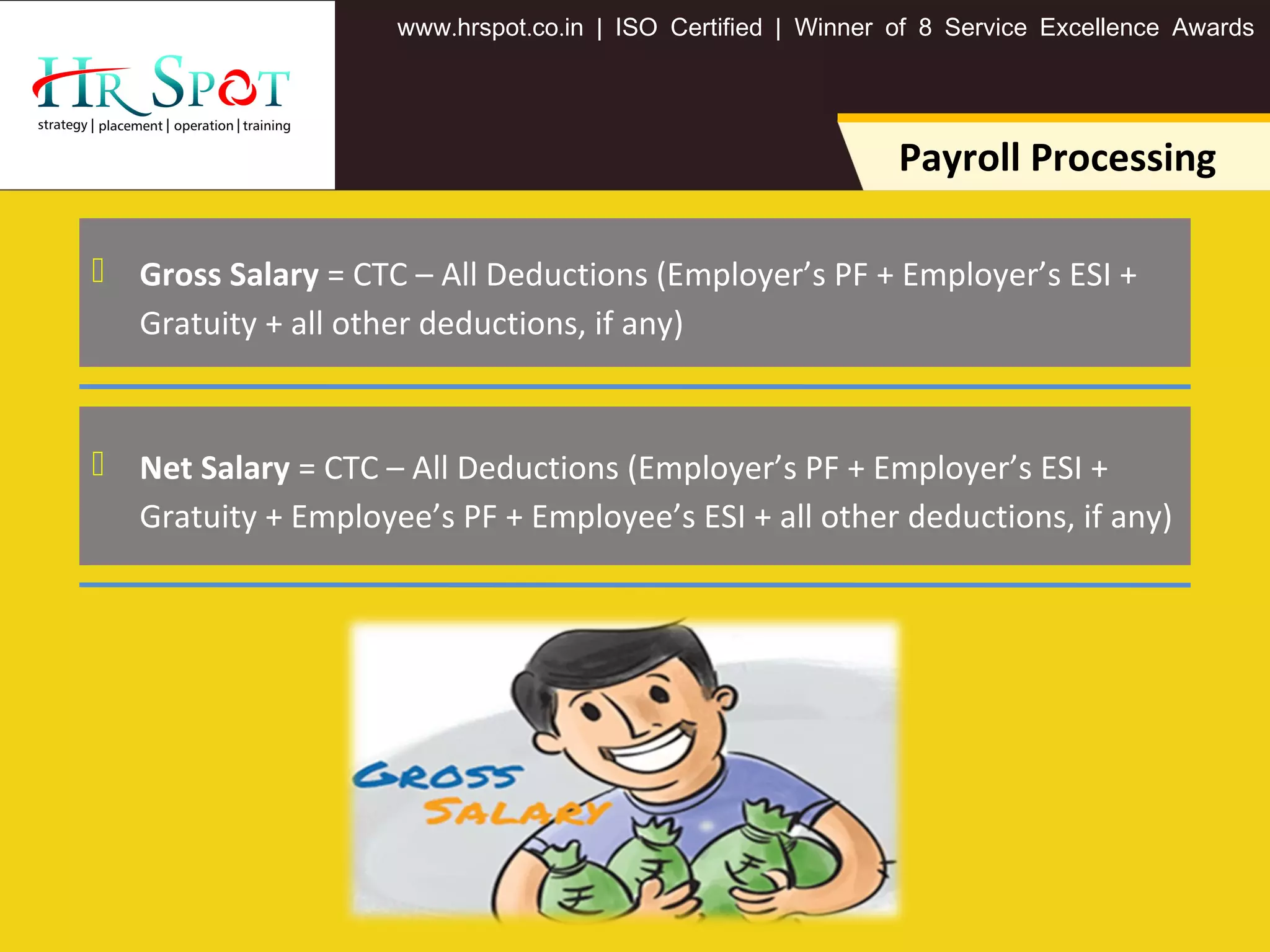 . . .www hrspot co in | ISO Certified | Winner of 8 Service Excellence Awards
Payroll Processing
 Gross Salary = CTC – All Deductions (Employer’s PF + Employer’s ESI +
Gratuity + all other deductions, if any)
 Net Salary = CTC – All Deductions (Employer’s PF + Employer’s ESI +
Gratuity + Employee’s PF + Employee’s ESI + all other deductions, if any)
 