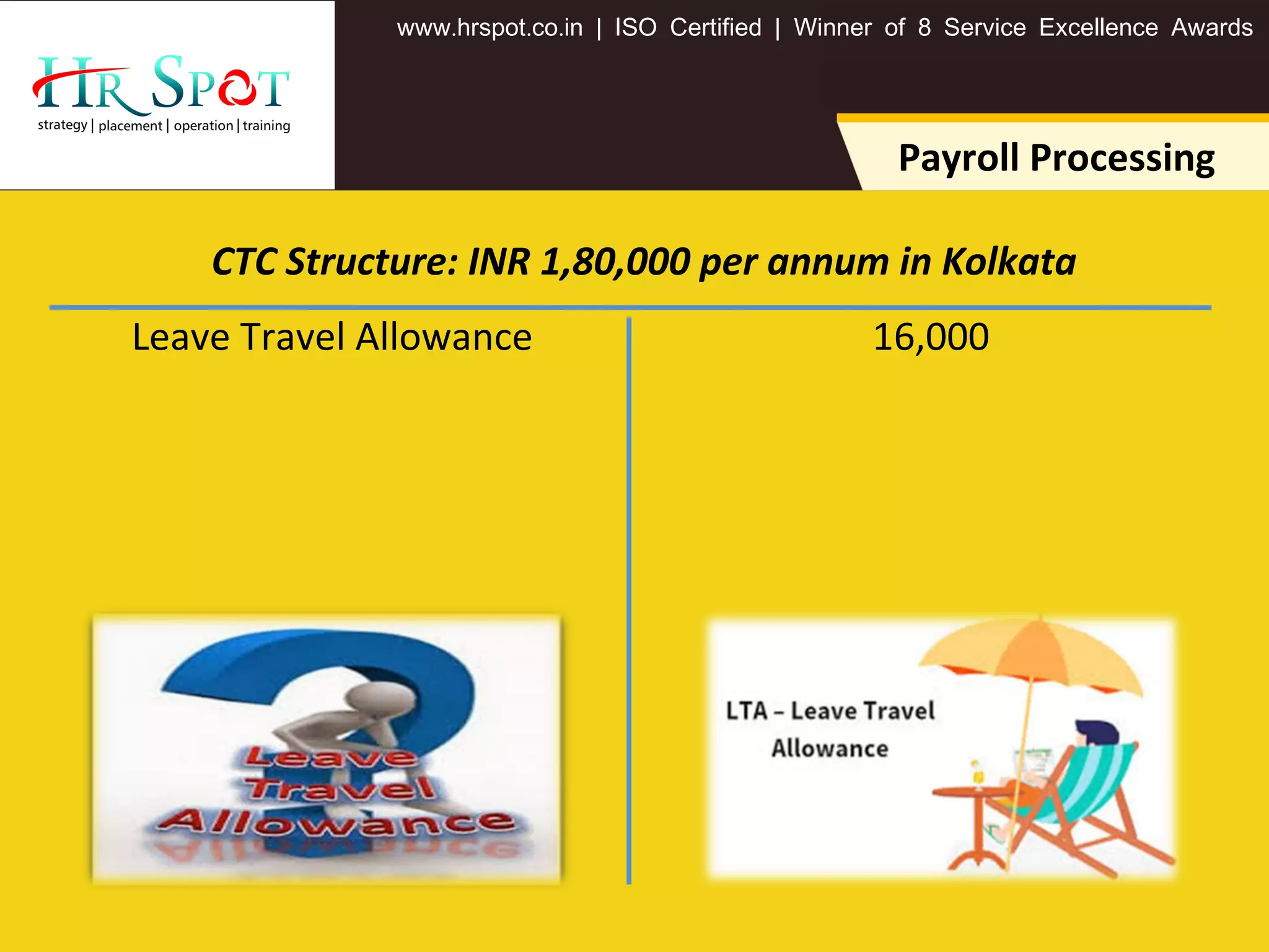 . . .www hrspot co in | ISO Certified | Winner of 8 Service Excellence Awards
16,000Leave Travel Allowance
Payroll Processing
CTC Structure: INR 1,80,000 per annum in Kolkata
 