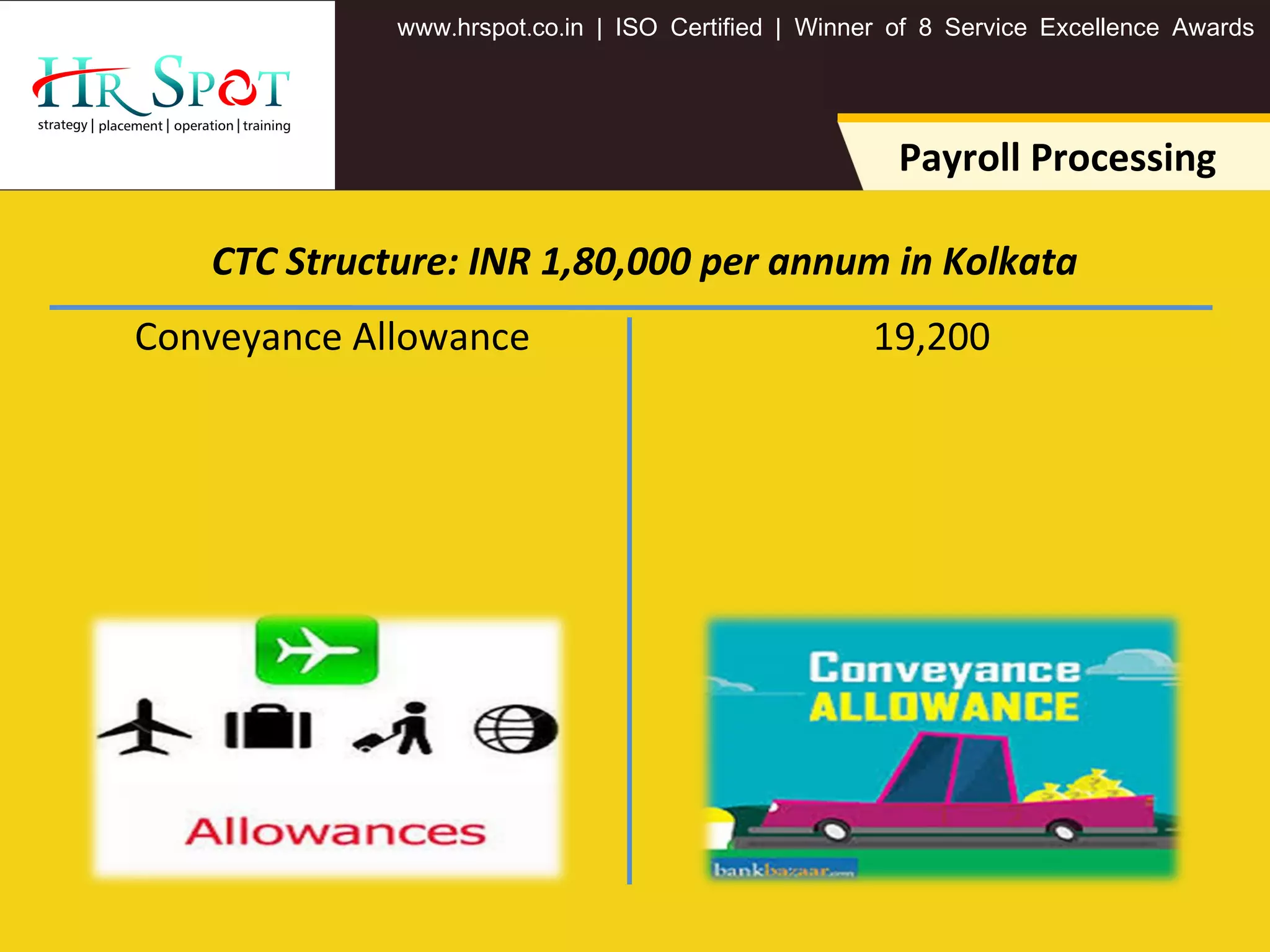 . . .www hrspot co in | ISO Certified | Winner of 8 Service Excellence Awards
19,200Conveyance Allowance
Payroll Processing
CTC Structure: INR 1,80,000 per annum in Kolkata
 