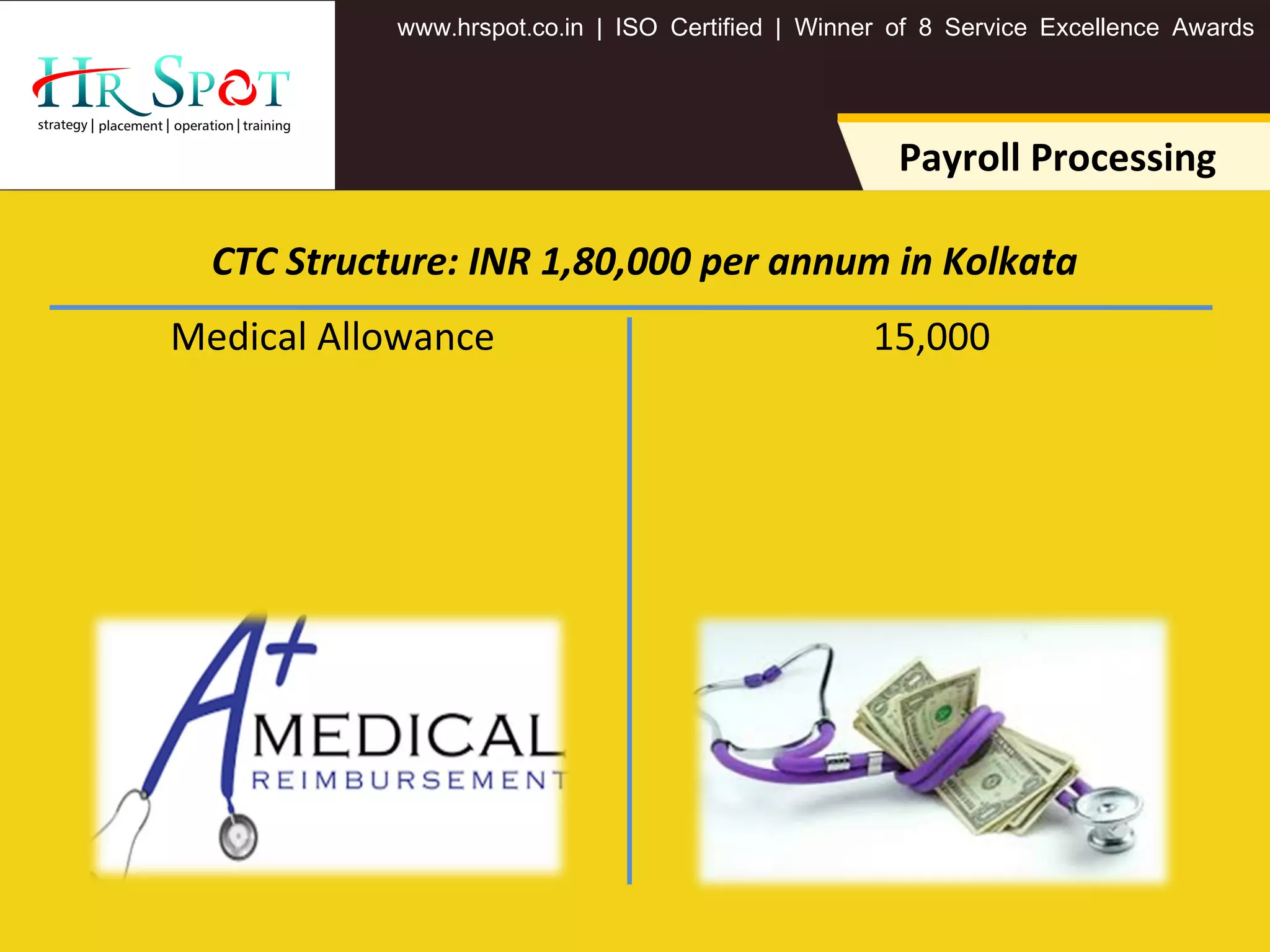 . . .www hrspot co in | ISO Certified | Winner of 8 Service Excellence Awards
15,000Medical Allowance
Payroll Processing
CTC Structure: INR 1,80,000 per annum in Kolkata
 