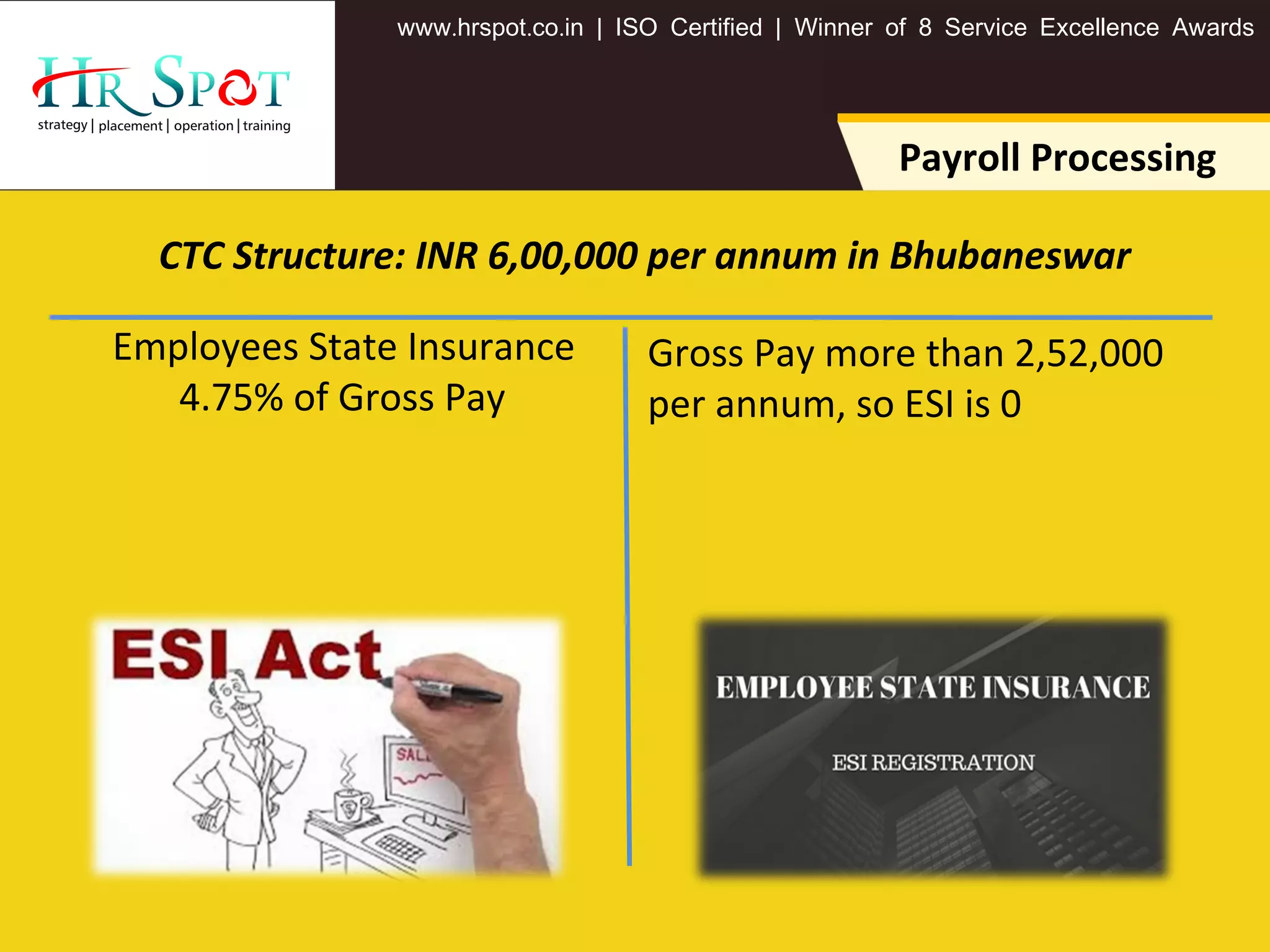 . . .www hrspot co in | ISO Certified | Winner of 8 Service Excellence Awards
Employees State Insurance
4.75% of Gross Pay
Payroll Processing
CTC Structure: INR 6,00,000 per annum in Bhubaneswar
Gross Pay more than 2,52,000
per annum, so ESI is 0
 