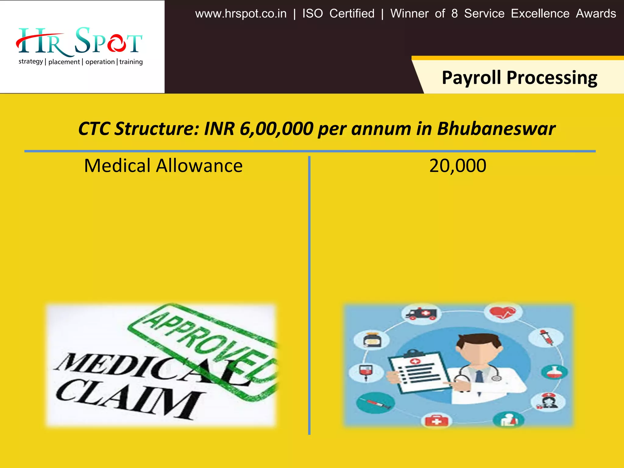 . . .www hrspot co in | ISO Certified | Winner of 8 Service Excellence Awards
20,000Medical Allowance
Payroll Processing
CTC Structure: INR 6,00,000 per annum in Bhubaneswar
 