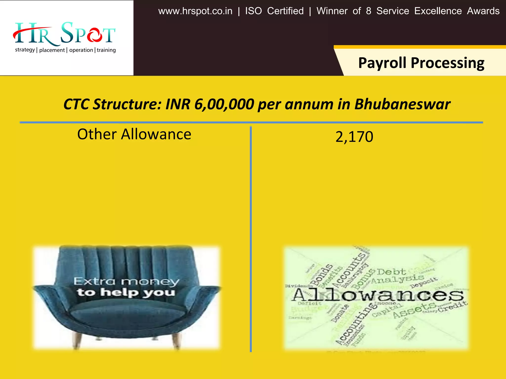 . . .www hrspot co in | ISO Certified | Winner of 8 Service Excellence Awards
Other Allowance
Payroll Processing
CTC Structure: INR 6,00,000 per annum in Bhubaneswar
2,170
 
