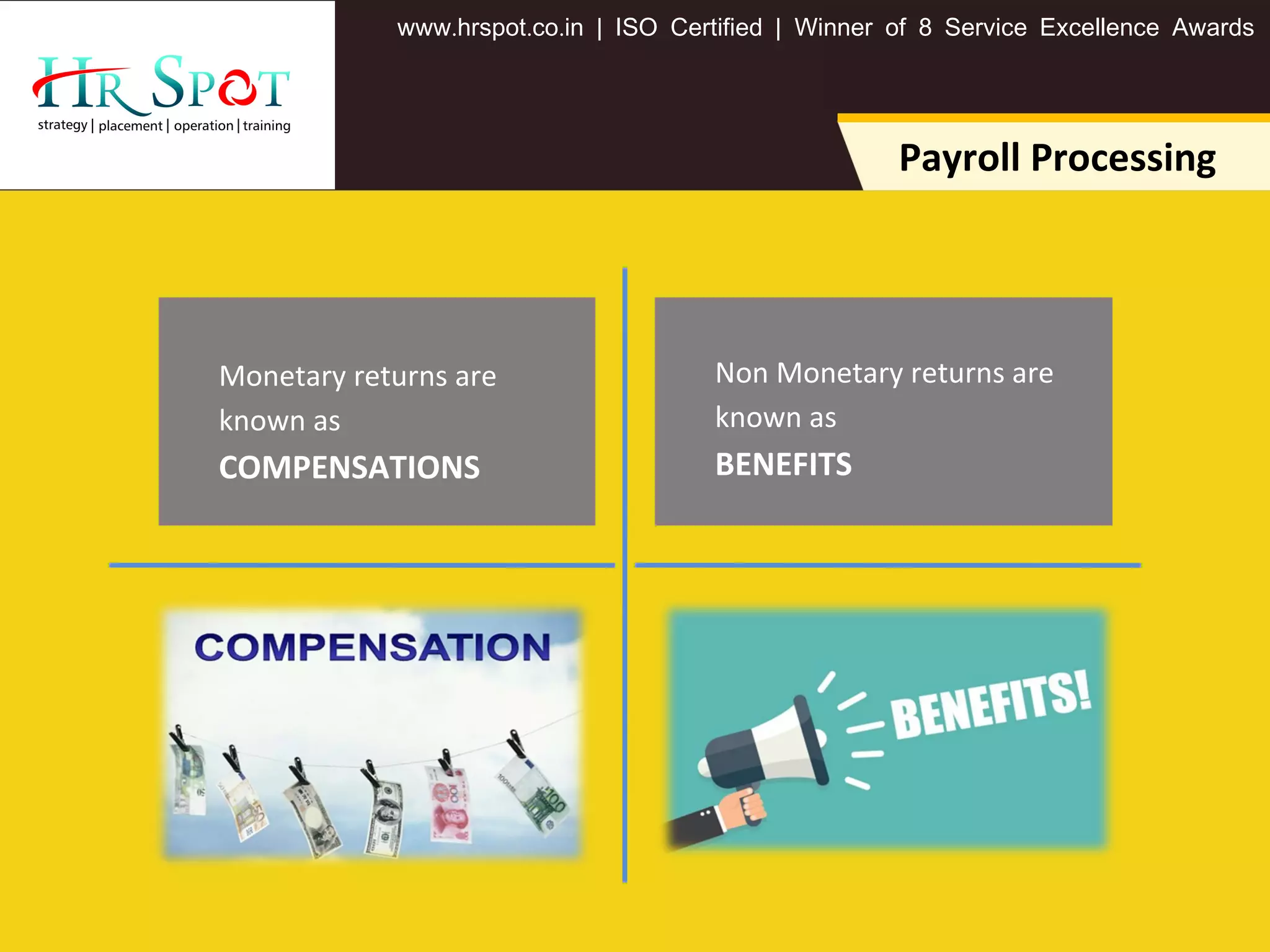 . . .www hrspot co in | ISO Certified | Winner of 8 Service Excellence Awards
Payroll Processing
Monetary returns are
known as
COMPENSATIONS
Non Monetary returns are
known as
BENEFITS
 