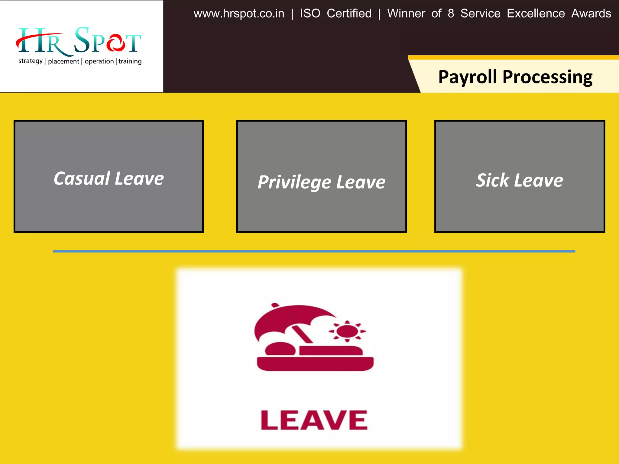 Casual Leave
. . .www hrspot co in | ISO Certified | Winner of 8 Service Excellence Awards
Payroll Processing
Sick LeavePrivilege Leave
 