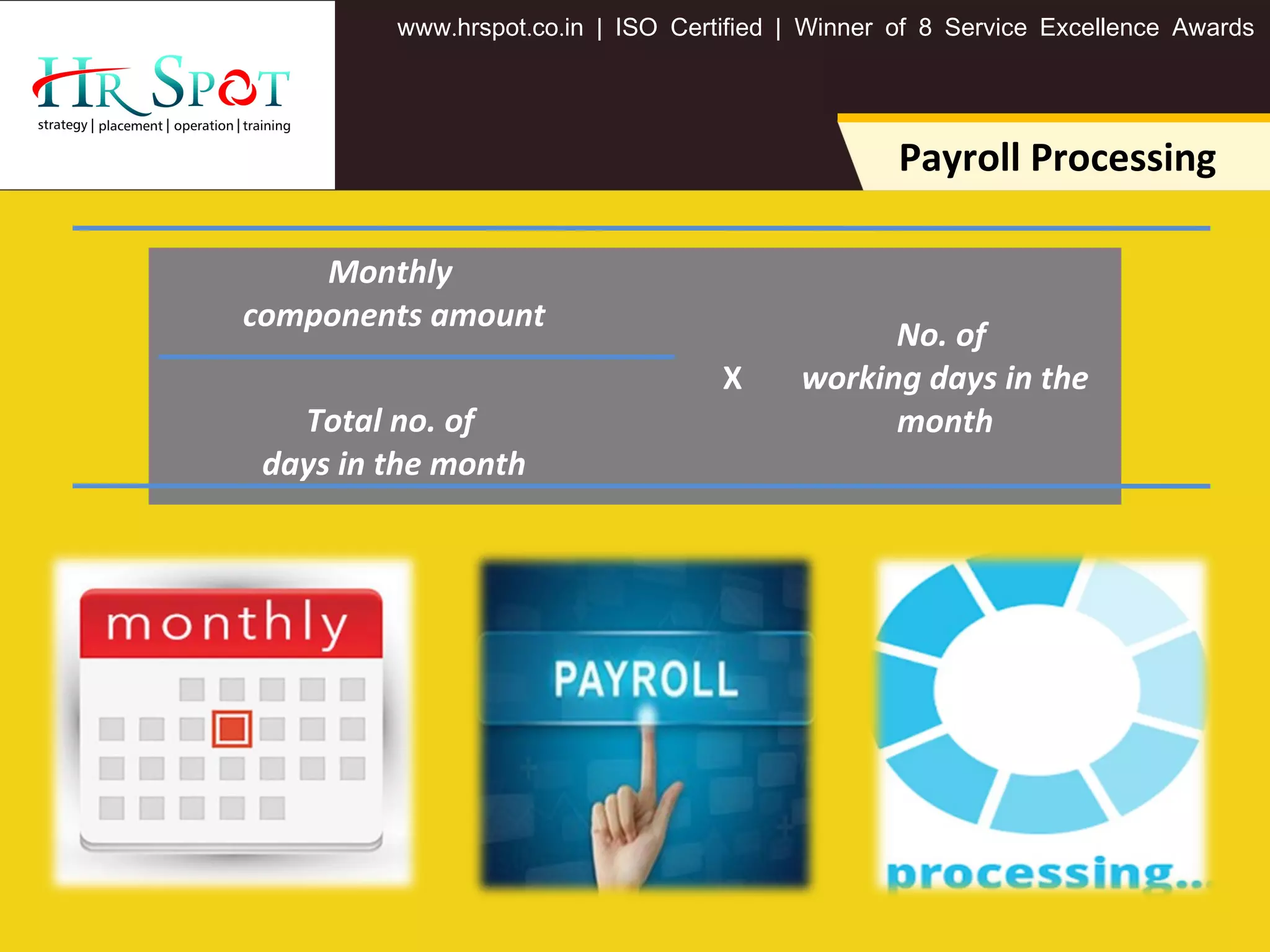 . . .www hrspot co in | ISO Certified | Winner of 8 Service Excellence Awards
Payroll Processing
Monthly
components amount
X
No. of
working days in the
monthTotal no. of
days in the month
 