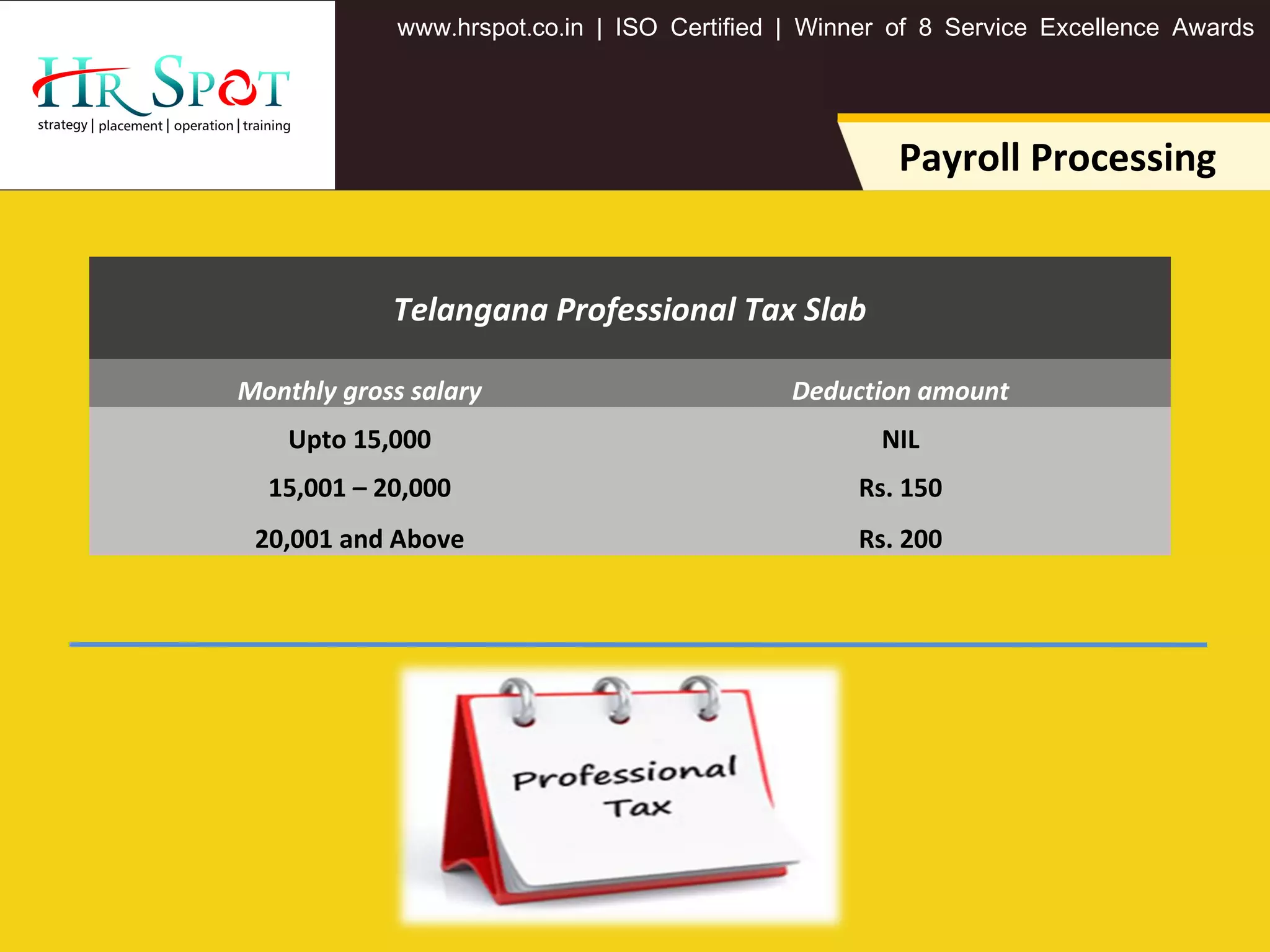 . . .www hrspot co in | ISO Certified | Winner of 8 Service Excellence Awards
Payroll Processing
Telangana Professional Tax Slab
Monthly gross salary Deduction amount
Upto 15,000 NIL
15,001 – 20,000 Rs. 150
20,001 and Above Rs. 200
 