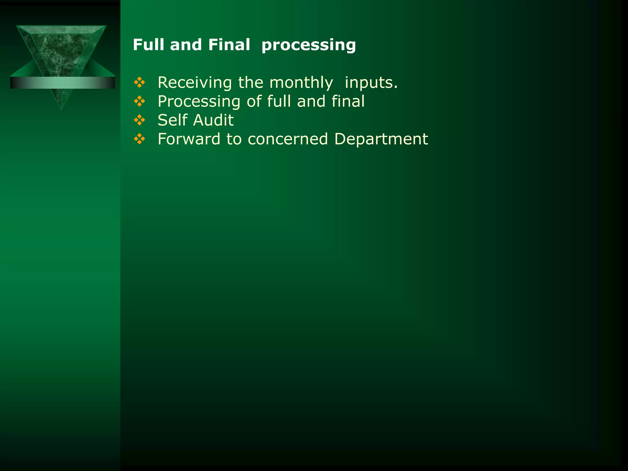 Full and Final processing





Receiving the monthly inputs.
Processing of full and final
Self Audit
Forward to concerned Department

 