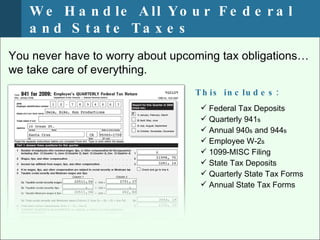 W e H a n d le A ll Y o u r F e d e r a l
   a n d S t a t e Ta x e s
You never have to worry about upcoming tax obligations…
we take care of everything.
                                  T h is in c lu d e s :
                                    Federal Tax Deposits
                                    Quarterly 941s
                                    Annual 940s and 944s
                                    Employee W-2s
                                    1099-MISC Filing
                                    State Tax Deposits
                                    Quarterly State Tax Forms
                                    Annual State Tax Forms
 