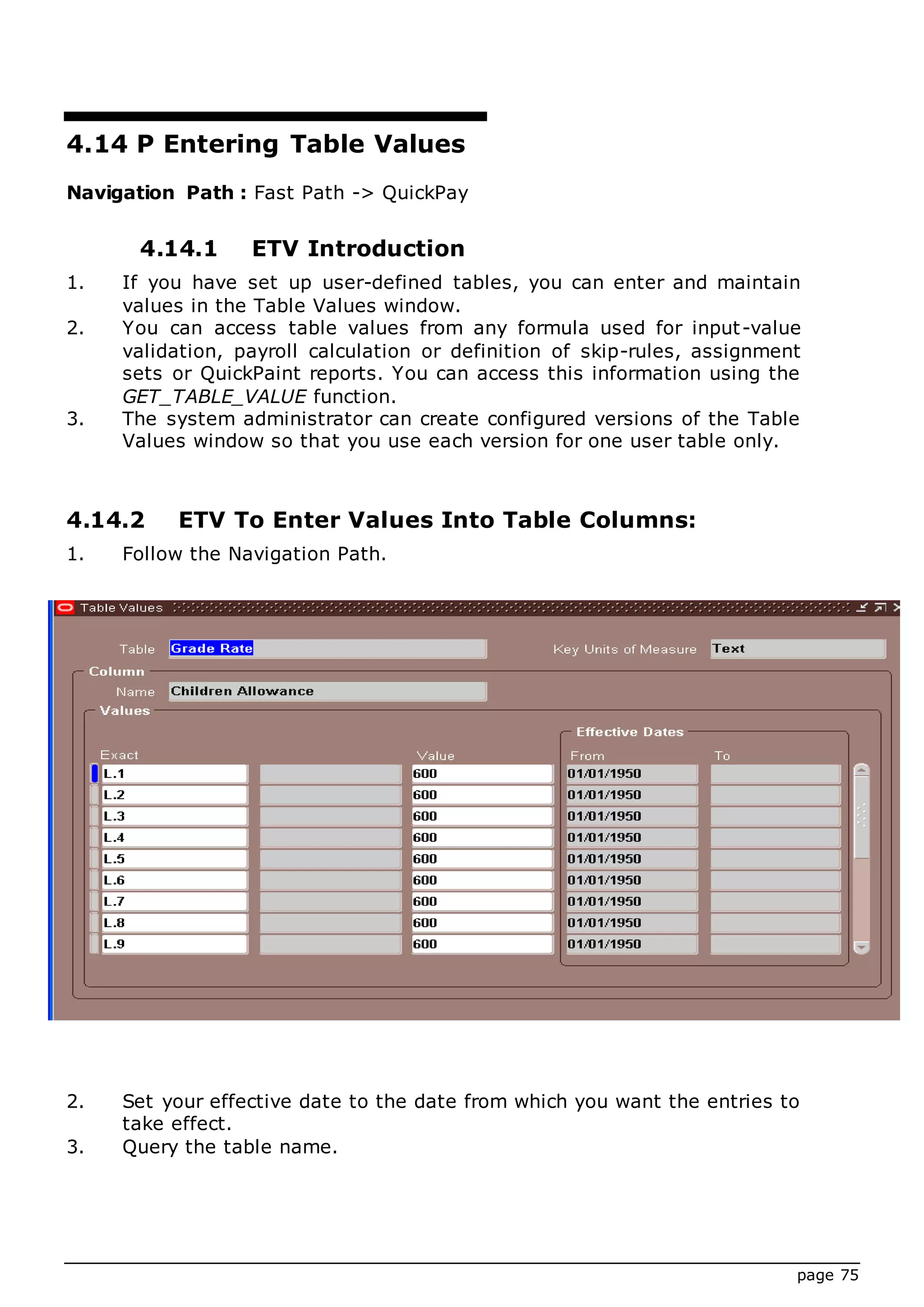 page 75
4.14 P Entering Table Values
Navigation Path : Fast Path -> QuickPay
4.14.1 ETV Introduction
1. If you have set up user-defined tables, you can enter and maintain
values in the Table Values window.
2. You can access table values from any formula used for input-value
validation, payroll calculation or definition of skip-rules, assignment
sets or QuickPaint reports. You can access this information using the
GET_TABLE_VALUE function.
3. The system administrator can create configured versions of the Table
Values window so that you use each version for one user table only.
4.14.2 ETV To Enter Values Into Table Columns:
1. Follow the Navigation Path.
2. Set your effective date to the date from which you want the entries to
take effect.
3. Query the table name.
 