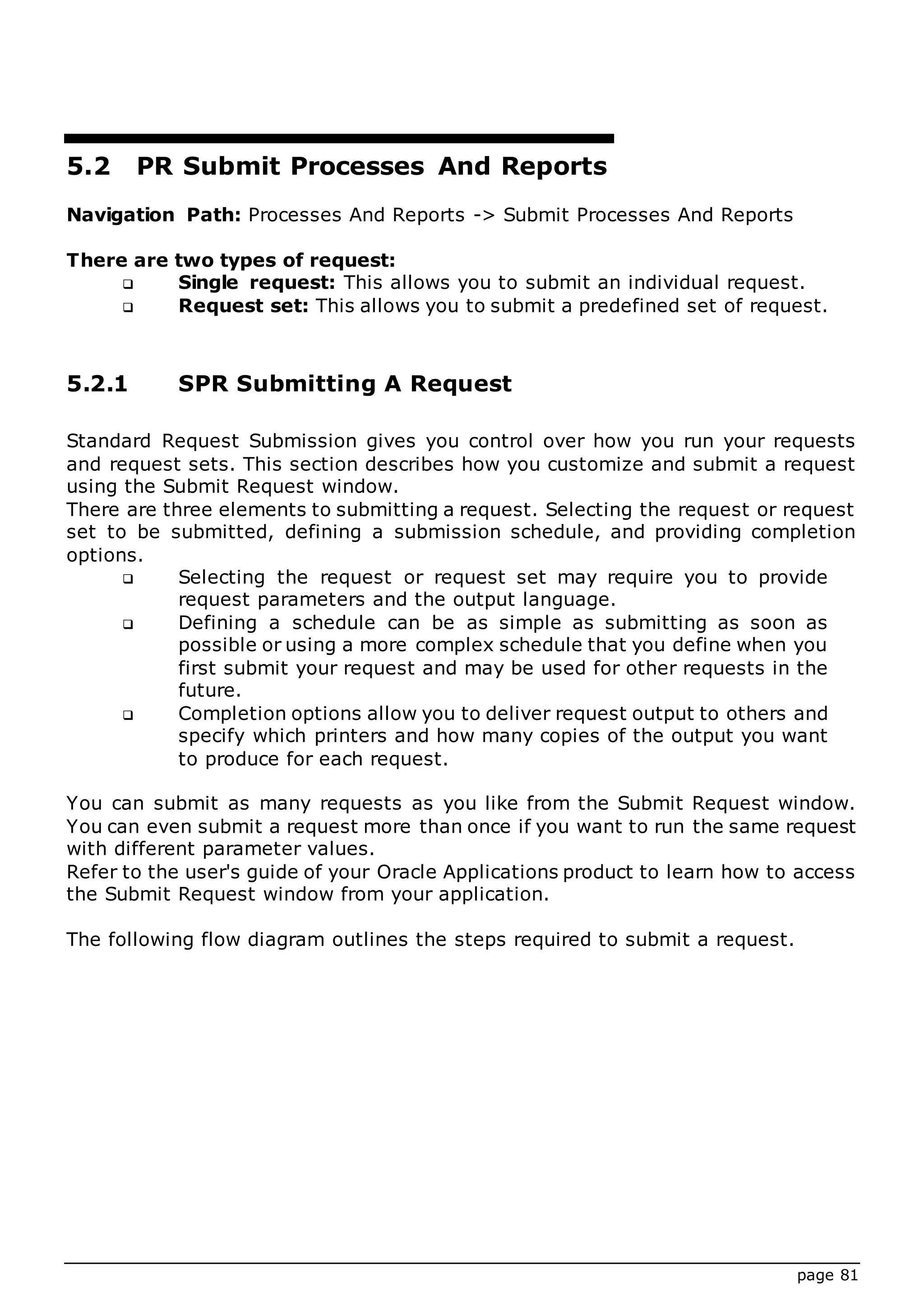 page 81
5.2 PR Submit Processes And Reports
Navigation Path: Processes And Reports -> Submit Processes And Reports
There are two types of request:
 Single request: This allows you to submit an individual request.
 Request set: This allows you to submit a predefined set of request.
5.2.1 SPR Submitting A Request
Standard Request Submission gives you control over how you run your requests
and request sets. This section describes how you customize and submit a request
using the Submit Request window.
There are three elements to submitting a request. Selecting the request or request
set to be submitted, defining a submission schedule, and providing completion
options.
 Selecting the request or request set may require you to provide
request parameters and the output language.
 Defining a schedule can be as simple as submitting as soon as
possible or using a more complex schedule that you define when you
first submit your request and may be used for other requests in the
future.
 Completion options allow you to deliver request output to others and
specify which printers and how many copies of the output you want
to produce for each request.
You can submit as many requests as you like from the Submit Request window.
You can even submit a request more than once if you want to run the same request
with different parameter values.
Refer to the user's guide of your Oracle Applications product to learn how to access
the Submit Request window from your application.
The following flow diagram outlines the steps required to submit a request.
 