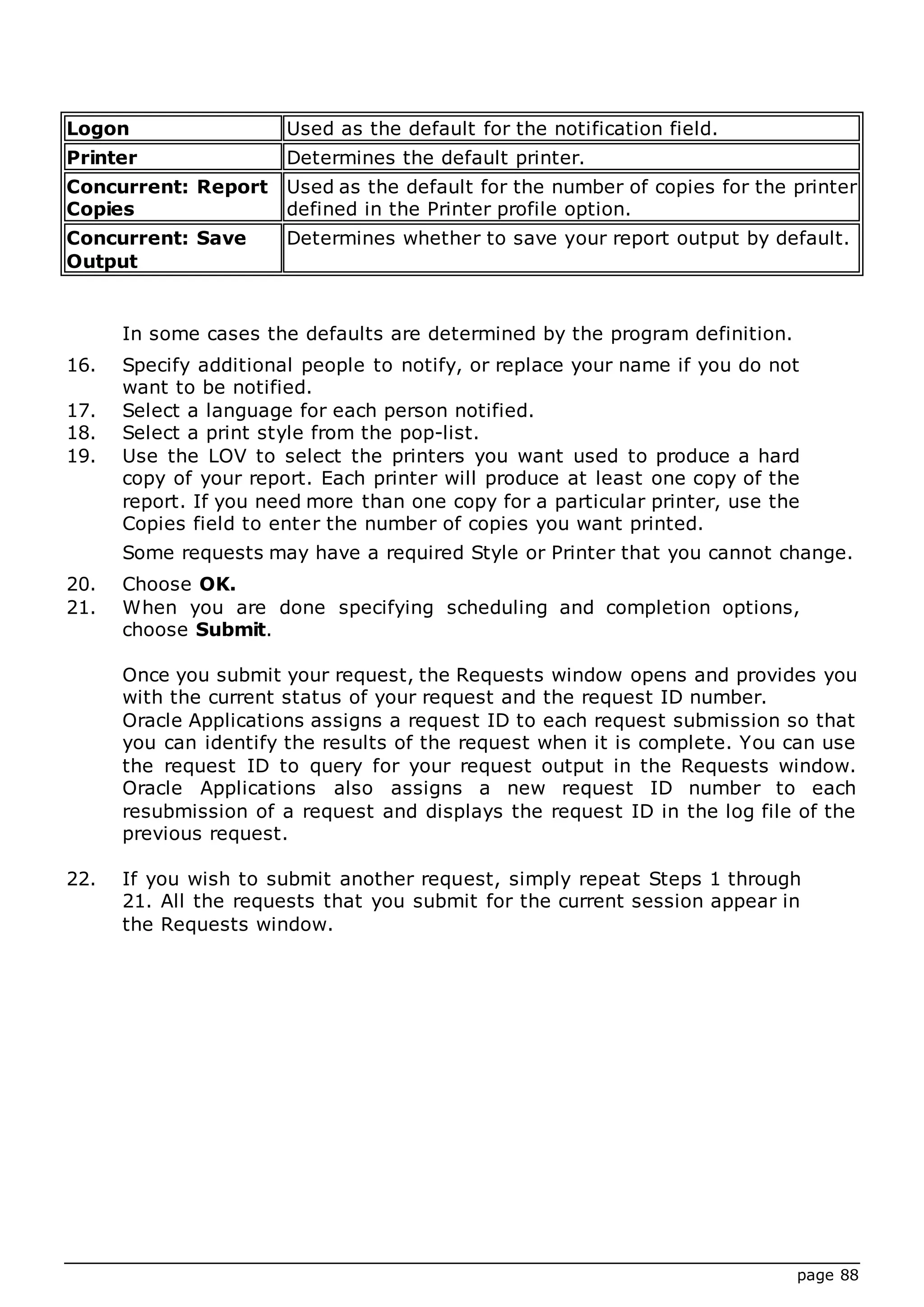 page 88
Logon Used as the default for the notification field.
Printer Determines the default printer.
Concurrent: Report
Copies
Used as the default for the number of copies for the printer
defined in the Printer profile option.
Concurrent: Save
Output
Determines whether to save your report output by default.
In some cases the defaults are determined by the program definition.
16. Specify additional people to notify, or replace your name if you do not
want to be notified.
17. Select a language for each person notified.
18. Select a print style from the pop-list.
19. Use the LOV to select the printers you want used to produce a hard
copy of your report. Each printer will produce at least one copy of the
report. If you need more than one copy for a particular printer, use the
Copies field to enter the number of copies you want printed.
Some requests may have a required Style or Printer that you cannot change.
20. Choose OK.
21. When you are done specifying scheduling and completion options,
choose Submit.
Once you submit your request, the Requests window opens and provides you
with the current status of your request and the request ID number.
Oracle Applications assigns a request ID to each request submission so that
you can identify the results of the request when it is complete. You can use
the request ID to query for your request output in the Requests window.
Oracle Applications also assigns a new request ID number to each
resubmission of a request and displays the request ID in the log file of the
previous request.
22. If you wish to submit another request, simply repeat Steps 1 through
21. All the requests that you submit for the current session appear in
the Requests window.
 