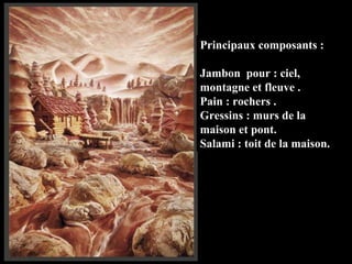 Principaux composants : Jambon  pour : ciel, montagne et fleuve . Pain : rochers . Gressins : murs de la maison et pont. Salami : toit de la maison. 