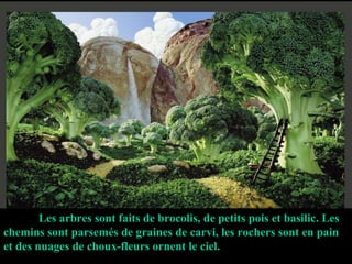 Les arbres sont faits de brocolis, de petits pois et basilic. Les chemins sont parsemés de graines de carvi, les rochers sont en pain et des nuages de choux-fleurs ornent le ciel. 