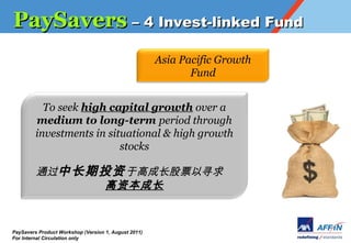 PaySavers C 4 Invest-linked Fund
                                                      Asia Pacific Growth
                                                             Fund


           To seek high capital growth over a
         medium to long-term period through
         investments in situational & high growth
                           stocks

         ͨгͶ ڸ߳ɳƱѰ
              ʱɳ



PaySavers Product Workshop (Version 1, August 2011)
For Internal Circulation only
 