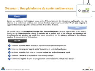 Copyright © 2013 Accenture All rights reserved.
O-sarean : Une plateforme de santé multiservices
Lancer une plateforme technologique, basée sur les TICs, qui permette des interactions multicanales entre les
citoyens et le système de santé du pays basque, facilitant les procédures, simplifiant la vie des citoyens et
apportant de la valeur pour les professionnels du système de santé.
Ce modèle intègre une nouvelle vision des rôles des professionnels de santé, des citoyens et des patients
basée sur la coresponsabilité. Aussi, le concept de « patient actif » est inhérent au processus de
transformation du système de santé dans lequel les patients ont des espaces virtuels et des réseaux
sociaux de connaissance et d’interactions.
Améliorer la qualité de vie de toute la population et des patients en particulier1
Faire des citoyens des “agents actifs” du système de santé du Pays Basque2
Améliorer la qualité de la prise en charge et motiver les professionnels de santé3
Améliorer l’efficacité du système de santé du Pays Basque4
Contribuer à l’égalité de prise en charge dans le système de santé publicdu Pays Basque5
Objectifs
Mission
Vision
 