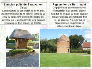 L'ancien puits de Beauval en
Caux
L'architecture de cet ancien puits en grès,
d'une profondeur de 35 mètres, s'inspire de
celle de la masure: un toit de chaume qui
déborde sur le corps de l'édifice à pans de
bois remplis d'un hourdis en torchis.
Pigeonnier de Bertrimont
Ce pigeonnier est de dimensions
respectables avec un très large et
haut fût en briques de Saint-Jean de
couleur orangée et couronnée d'un
toit en ardoise. Aujourd'hui ce
pigeonnier est transformé en
hébergement touristique
 