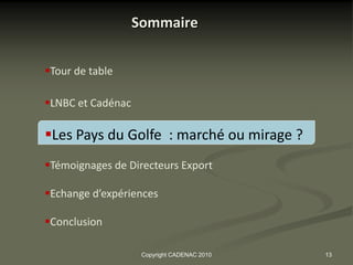 Sommaire


Tour de table

LNBC et Cadénac

Les Pays du Golfe : marché ou mirage ?
Témoignages de Directeurs Export

Echange d’expériences

Conclusion

                    Copyright CADENAC 2010   13
 