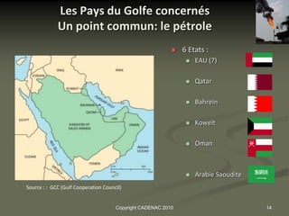 Les Pays du Golfe concernés
             Un point commun: le pétrole
                                                              6 Etats :
                                                                   EAU (7)

                                                                   Qatar

                                                                   Bahreïn

                                                                   Koweït

                                                                   Oman



                                                                   Arabie Saoudite
Source : : GCC (Gulf Cooperation Council)


                                      Copyright CADENAC 2010                          14
 