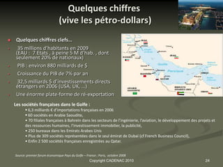 Quelques chiffres
                                  (vive les pétro-dollars)
    Quelques chiffres clefs…
•     35 millions d’habitants en 2009
     (EAU : 7 Etats , à peine 5 M d’hab. , dont
     seulement 20% de nationaux)
•     PIB : environ 880 milliards de $
•     Croissance du PIB de 7% par an
•     32,5 milliards $ d’investissements directs
     étrangers en 2006 (USA, UK, …)
•    Une énorme plate-forme de ré-exportation
    Les sociétés françaises dans le Golfe :
           6,3 milliards € d’importations françaises en 2006
           60 sociétés en Arabie Saoudite,
          • 70 filiales françaises à Bahreïn dans les secteurs de l’ingénierie, l’aviation, le développement des projets et
          des ressources humaines, l’investissement immobilier, la publicité,
          • 250 bureaux dans les Emirats Arabes Unis
          • Plus de 309 sociétés représentées dans le seul émirat de Dubaï (cf French Business Council),
          • Enfin 2 500 sociétés françaises enregistrées au Qatar.


    Source: premier forum économique Pays du Golfe – France ; Paris, octobre 2008
                                                       Copyright CADENAC 2010                                        24
 