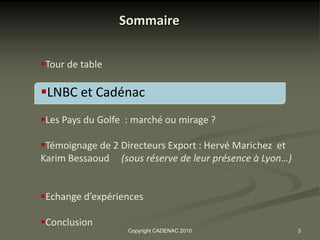 Sommaire


Tour de table

LNBC et Cadénac
Les Pays du Golfe : marché ou mirage ?

Témoignage de 2 Directeurs Export : Hervé Marichez et
Karim Bessaoud (sous réserve de leur présence à Lyon…)


Echange d’expériences

Conclusion
                   Copyright CADENAC 2010                3
 