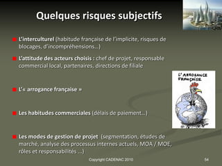 Quelques risques subjectifs
L’interculturel (habitude française de l’implicite, risques de
blocages, d’incompréhensions…)
L’attitude des acteurs choisis : chef de projet, responsable
commercial local, partenaires, directions de filiale


L’« arrogance française »


Les habitudes commerciales (délais de paiement…)


Les modes de gestion de projet (segmentation, études de
marché, analyse des processus internes actuels, MOA / MOE,
rôles et responsabilités …)
                             Copyright CADENAC 2010              54
 