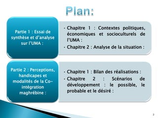 2
• Chapitre 1 : Contextes politiques,
économiques et socioculturels de
l’UMA :
• Chapitre 2 : Analyse de la situation :
Partie 1 : Essai de
synthèse et d’analyse
sur l’UMA :
• Chapitre 1 : Bilan des réalisations :
• Chapitre 2 : Scénarios de
développement : le possible, le
probable et le désiré :
Partie 2 : Perceptions,
handicapes et
modalités de la Co-
intégration
maghrébine :
 