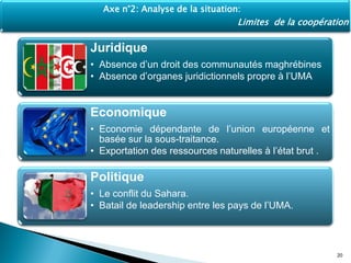 Juridique
• Absence d’un droit des communautés maghrébines
• Absence d’organes juridictionnels propre à l’UMA
Economique
• Economie dépendante de l’union européenne et
basée sur la sous-traitance.
• Exportation des ressources naturelles à l’état brut .
Politique
• Le conflit du Sahara.
• Batail de leadership entre les pays de l’UMA.
20
Axe n°2: Analyse de la situation:
Limites de la coopération
 