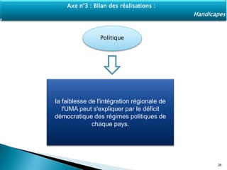 Politique
la faiblesse de l'intégration régionale de
l'UMA peut s'expliquer par le déficit
démocratique des régimes politiques de
chaque pays.
28
Axe n°3 : Bilan des réalisations :
Handicapes
 