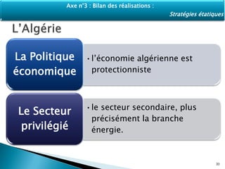 •l’économie algérienne est
protectionniste
La Politique
économique
•le secteur secondaire, plus
précisément la branche
énergie.
Le Secteur
privilégié
33
Axe n°3 : Bilan des réalisations :
Stratégies étatiques
 