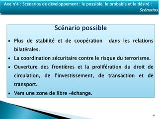 Scénario possible
 Plus de stabilité et de coopération dans les relations
bilatérales.
 La coordination sécuritaire contre le risque du terrorisme.
 Ouverture des frontières et la prolifération du droit de
circulation, de l’investissement, de transaction et de
transport.
 Vers une zone de libre –échange.
41
Axe n°4 : Scénarios de développement : le possible, le probable et le désiré :
Scénarios
 