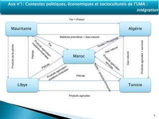 8
Axe n°1: Contextes politiques, économiques et socioculturels de l’UMA :
Intégration
Mauritanie
Maroc
Libye Tunisie
Algérie
Produits agricoles
Pétrole
Pétrole
Produitsdelapêche
Matières premières + Gaz naturel
Fer + Poison
Gaznaturel
Produitsagricoles+services
 